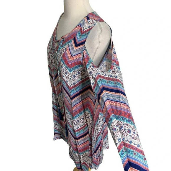 no comment M pink blue floral chevron print cold shoulder boho dress - Picture 3 of 7